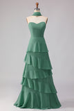 Eucalyptus A Line Sweetheart Ruffled Chiffon Maxi Bridesmaid Dress with Neck Scarf