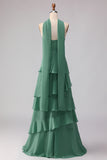 Eucalyptus A Line Sweetheart Ruffled Chiffon Maxi Bridesmaid Dress with Neck Scarf