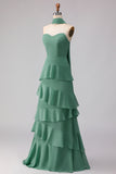 Eucalyptus A Line Sweetheart Ruffled Chiffon Maxi Bridesmaid Dress with Neck Scarf