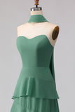 Eucalyptus A Line Sweetheart Ruffled Chiffon Maxi Bridesmaid Dress with Neck Scarf