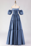 Steel Blue Off the Shoulder Satin Backless Maxi Bridesmaid Dress