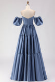 Steel Blue Off the Shoulder Satin Backless Maxi Bridesmaid Dress