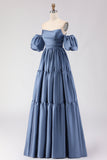 Steel Blue Off the Shoulder Satin Backless Maxi Bridesmaid Dress