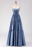 Steel Blue Off the Shoulder Satin Backless Maxi Bridesmaid Dress
