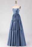 Steel Blue Off the Shoulder Satin Backless Maxi Bridesmaid Dress