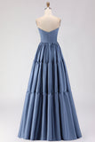 Steel Blue Off the Shoulder Satin Backless Maxi Bridesmaid Dress