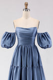 Steel Blue Off the Shoulder Satin Backless Maxi Bridesmaid Dress