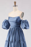 Steel Blue Off the Shoulder Satin Backless Maxi Bridesmaid Dress
