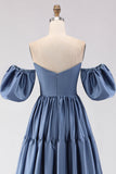 Steel Blue Off the Shoulder Satin Backless Maxi Bridesmaid Dress
