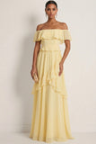 Lemon Sorbet A Line Ruffled Off the Shoulder Maxi Bridesmaid Dress