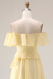 Lemon Sorbet A Line Ruffled Off the Shoulder Maxi Bridesmaid Dress
