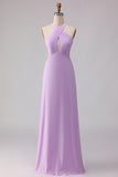 Frosted Lilac A Line Halter Neck Chiffon Long Bridesmaid Dress with Bow