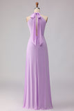 Frosted Lilac A Line Halter Neck Chiffon Long Bridesmaid Dress with Bow