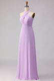 Frosted Lilac A Line Halter Neck Chiffon Long Bridesmaid Dress with Bow