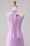 Frosted Lilac A Line Halter Neck Chiffon Long Bridesmaid Dress with Bow