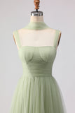 Dusty Sage Tulle Spaghetti Straps Tiered Maxi Bridesmaid Dress