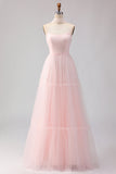 Blush Pink Neck Scarf A Line Tulle Maxi Bridesmaid Dress