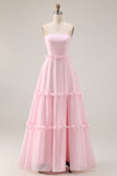 Blush Pink Chiffon Strapless A Line Long Bridesmaid Dress with Slit