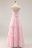 Blush Pink Chiffon Strapless A Line Long Bridesmaid Dress with Slit