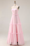 Blush Pink Chiffon Strapless A Line Long Bridesmaid Dress with Slit