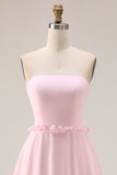 Blush Pink Chiffon Strapless A Line Long Bridesmaid Dress with Slit