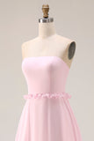 Blush Pink Chiffon Strapless A Line Long Bridesmaid Dress with Slit