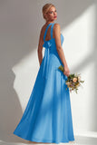 Yellow Chiffon Ruched Convertible Wear Backless A Line Long Bridesmaid Dress