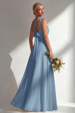 Yellow Chiffon Ruched Convertible Wear Backless A Line Long Bridesmaid Dress