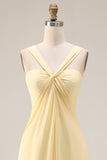 Yellow Chiffon Ruched Convertible Wear Backless A Line Long Bridesmaid Dress