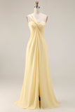 Yellow Chiffon Ruched Convertible Wear Backless A Line Long Bridesmaid Dress