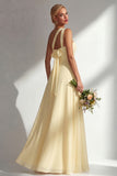 Yellow Chiffon Ruched Convertible Wear Backless A Line Long Bridesmaid Dress