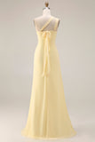 Yellow Chiffon Ruched Convertible Wear Backless A Line Long Bridesmaid Dress
