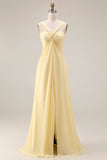 Yellow Chiffon Ruched Convertible Wear Backless A Line Long Bridesmaid Dress