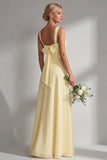 Yellow Chiffon Ruched Convertible Wear Backless A Line Long Bridesmaid Dress