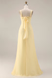 Yellow Chiffon Ruched Convertible Wear Backless A Line Long Bridesmaid Dress