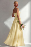 Yellow Chiffon Ruched Convertible Wear Backless A Line Long Bridesmaid Dress