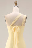 Yellow Chiffon Ruched Convertible Wear Backless A Line Long Bridesmaid Dress