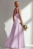 Yellow Chiffon Ruched Convertible Wear Backless A Line Long Bridesmaid Dress