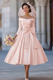 Ivory Ball Gown Off the Shoulder Midi Wedding Dress with Bow