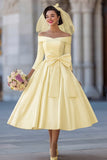 Ivory Ball Gown Off the Shoulder Midi Wedding Dress with Bow