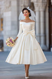Ivory Ball Gown Off the Shoulder Midi Wedding Dress with Bow