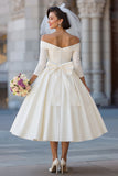 Ivory Ball Gown Off the Shoulder Midi Wedding Dress with Bow