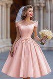 Ivory Ball Gown Backless Off the Shoulder Midi Wedding Dress with Bow