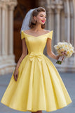 Ivory Ball Gown Backless Off the Shoulder Midi Wedding Dress with Bow