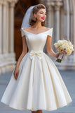 Ivory Ball Gown Backless Off the Shoulder Midi Wedding Dress with Bow