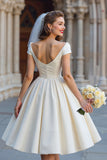 Ivory Ball Gown Backless Off the Shoulder Midi Wedding Dress with Bow