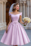 Ivory Ball Gown Backless Off the Shoulder Midi Wedding Dress with Bow