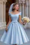 Ivory Ball Gown Backless Off the Shoulder Midi Wedding Dress with Bow