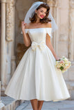 Ivory Off the Shoulder A Line Midi Registry Office Wedding Dress with Bow