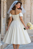 Ivory Off the Shoulder A Line Midi Registry Office Wedding Dress with Bow